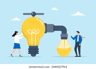 Businesspeople sharing knowledge transfer ideas, passing information to new light bulb. Concept of transferring wisdom to colleagues, creativity, innovation, and continuous learning of new skills