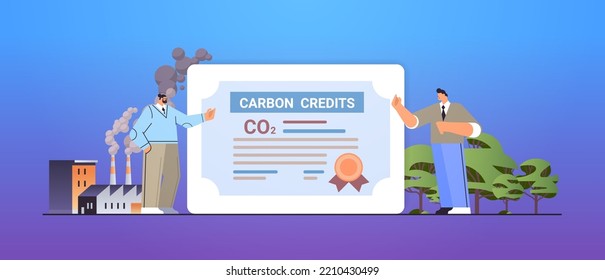 businesspeople signing carbon credits certificate document responsibility of co2 emission free trading carbon tax credit