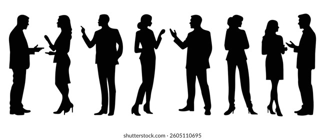 Businesspeople silhouette. Business people silhouette engaged in conversation and networking. Businesspeople are standing and having a discussion.