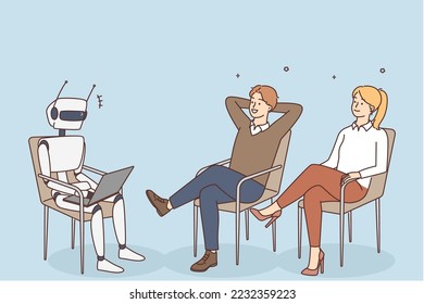 Businesspeople sit in chairs relaxing watch AI robotic assistant working on laptop. Employees take break from job with robot replace worker in office. Vector illustration. 