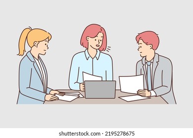 Businesspeople sit at desk cooperating together with computer at meeting. Employees brainstorm discuss paperwork at business briefing. Vector illustration. 