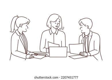 Businesspeople sit at desk cooperating together with computer at meeting. Employees brainstorm discuss paperwork at business briefing. Vector illustration. 