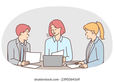 Businesspeople sit at desk cooperating together with computer at meeting. Employees brainstorm discuss paperwork at business briefing. Vector illustration.