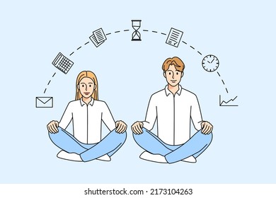 Businesspeople sit in lotus position meditating at workplace. Employees relax manage job duties and responsibilities. Time organization concept. Vector illustration. 