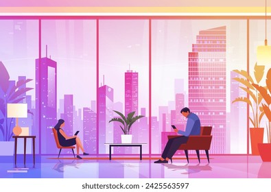 businesspeople sitting in armchairs and using smartphones modern office interior with panoramic windows cityscape background