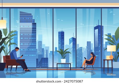 businesspeople sitting in armchairs and using smartphones modern office interior with panoramic windows cityscape background