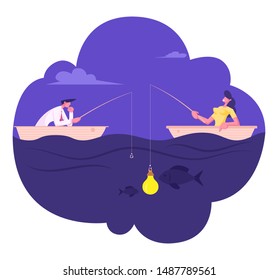 Businesspeople Sitting in Boat Fishing with Rods. Business Woman Having Glowing Light Bulb instead of Bait Hanging on Hook, Man Have no Lure, Fish Bite on Lightbulb. Cartoon Flat Vector Illustration