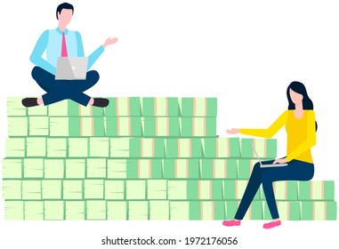 Businesspeople sitting on stairs made of dollar bills. Metaphor for growth and making money. Rich characters enjoying success on top of stack of banknotes. People communicate and work with laptops