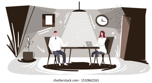 businesspeople sitting at workplace man dictating information to woman assistant typing text on laptop keyboard work dictation concept modern office interior sketch horizontal full length