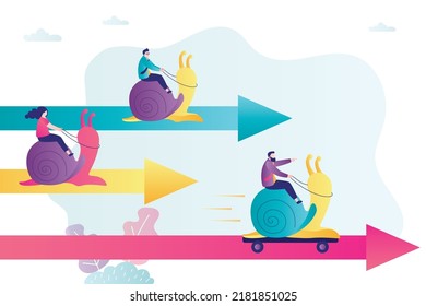 Businesspeople staged career race on snails. Entrepreneur outperforms rivals in business competition. Woman loses business marathon. Concept of leadership, achievements of goals. Vector illustration