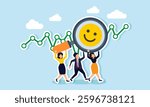 Businesspeople stand in front of a line chart, working together to lift a magnifying glass with a happy emoticon label, illustration of evaluating and analyzing business market attention