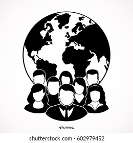 Businesspeople are standing in front of large world map.