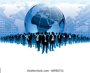 Businesspeople are standing in front of large world map.