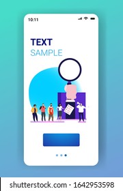 businesspeople standing in line queue to prospective employer with megaphone business people waiting for interview job employment concept full length smartphone screen mobile app vertical vector