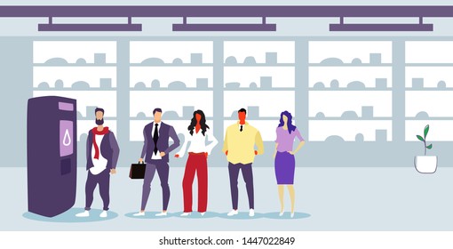 businesspeople standing line queue at self service vending machine men women ordering beverages modern supermarket interior flat full length horizontal