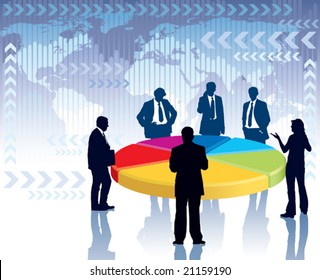 Businesspeople standing next to a large graph, conceptual business illustration.
