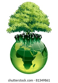 Businesspeople are standing on a large world globe, under a big green tree