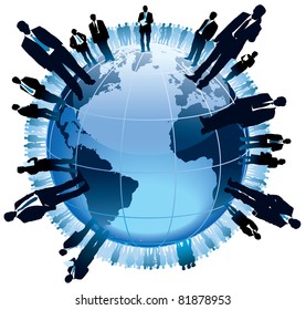 Businesspeople are standing on a large world globe,