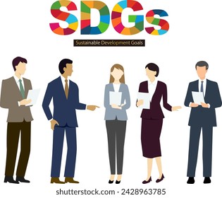 Businesspeople standing together and holding SDGs documents in hands. Flat design.