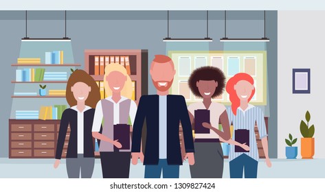 businesspeople standing together mix race business people team happy colleagues successful teamwork concept office conference room interior flat portrait horizontal