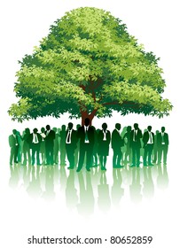 Businesspeople are standing under a big green tree.