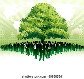 Businesspeople are standing under a big green tree in front of large world map