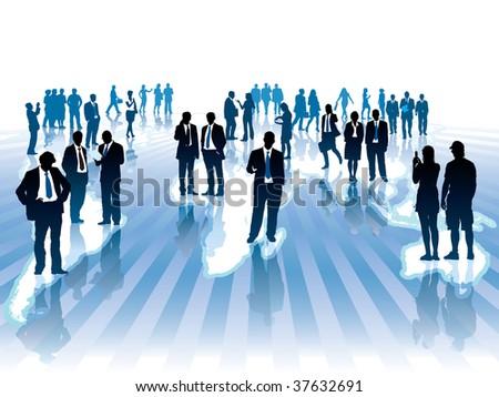 Businesspeople are standing and walking on large world map. The base map is from Central Intelligence Agency Web site.