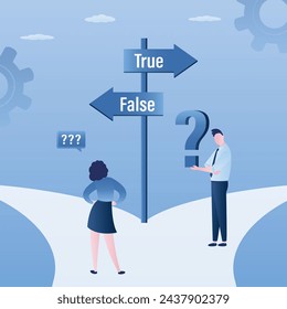 Businesspeople stands on fork in road. Choosing business development path. True and false signs. Different roads to success or failure. Two employees select right way. Problem solution. Flat vector