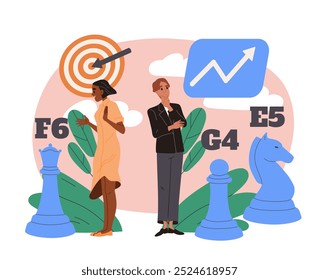 Businesspeople with strategy. Man and woman with chess pieces. Games for logic and intelligence. Solution and advice, achievement. Flat vector illustration isolated on white background