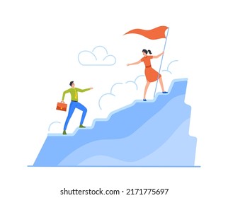 Businesspeople Stretching Hands to Each Other Rising Up on Top of Mountain. Success Career Performance, Investment, Leadership Concept. Business Team Climbing on Rock. Cartoon Vector Illustration