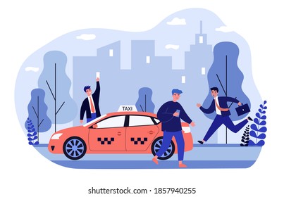 Businesspeople struggling for taxi. Running to cab, waving, using app on cell phone flat vector illustration. Transportation, city traffic concept for banner, website design or landing web page