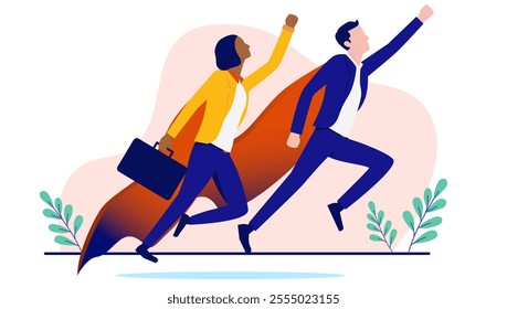 Businesspeople superheroes - Determined and ambitious businessman and businesswoman in superhero outfit heading upwards to success. Flat design vector illustration with white background