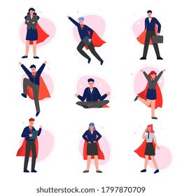 Businesspeople Superheroes in Red Capes Collection, Successful Business Characters, Leadership, Challenge Goal Achievement Vector Illustration