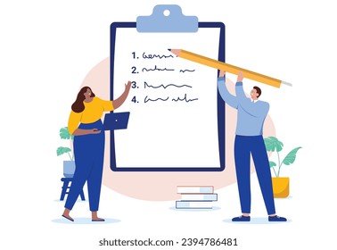 Businesspeople taking notes - Office man and woman writing list and scribble text working on business project plan and strategy. Flat design vector illustration with white background