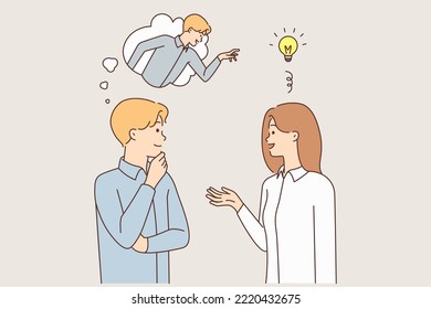 Businesspeople talk brainstorm discuss business idea. Man think of stealing female colleague ideas or thoughts. Competition and rivalry. Vector illustration. 