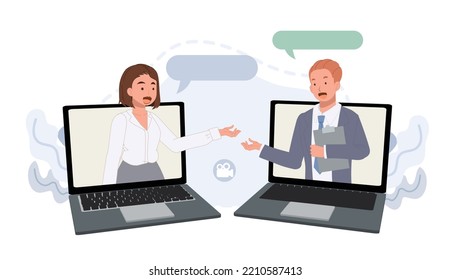 businesspeople talk through laptop screens. Online communication and business meeting concept. Vector illustrations.