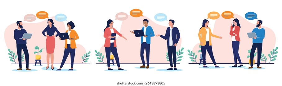 Businesspeople talking collection -  Diverse groups of professional people communicating and interacting, with speech bubbles representing various conversations and discussions. Flat design vector