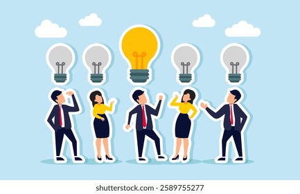 Businesspeople are talking under broken lamps, but one lit lamp shines above, illustration of one idea among many that is more relevant and better to implement