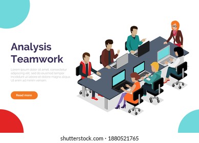 Businesspeople talking, working together in office. Analysis teamwork presentation temlpate. Business meeting around table with laptop. Brainstorming process, team man and woman collaboration workers