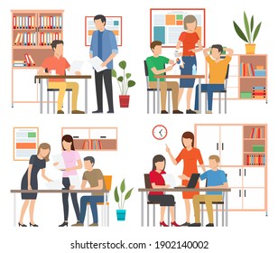 Businesspeople talking and working together in office. Staff communicating concept, teamwork. Business partners meeting around table. Brainstorming process, team businessman set of four scenes