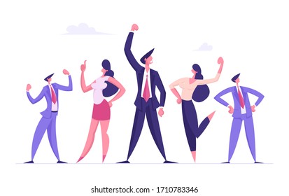 Businesspeople Team Celebrate Project Development and Reach Target in Office. Business Characters Deal Success Celebration. Company Teamwork Collaboration, People Rejoice. Cartoon Vector Illustration