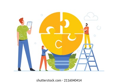 Businesspeople Team Coworking, Brainstorm, Teamwork Cooperation, Collective Work, Partnership Concept. Office People Work Together Setting Up Huge Light Bulb Puzzle. Cartoon Vector Illustration