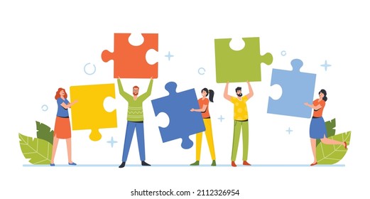 Businesspeople Team Coworking, Teamwork Cooperation, Collective Work, Partnership Concept. Office People Work Together Setting Up Huge Colorful Separated Puzzle Pieces. Cartoon Vector Illustration