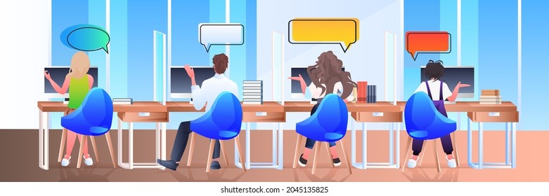 businesspeople team discussing during meeting chat bubble communication brainstorming