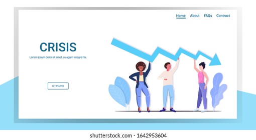 businesspeople team frustrated about economic arrow falling down financial crisis bankrupt investment risk concept business people holding downward chart full length copy space horizontal vector