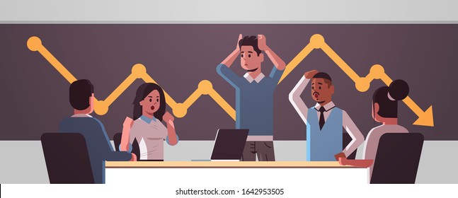 businesspeople team frustrated about falling economic graph arrow fall down financial crisis bankrupt investment risk concept mix race stressed employees sitting at round table horizontal portrait