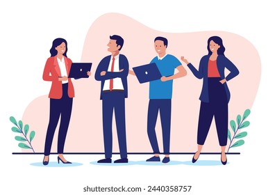 Businesspeople team - Group of professional business people standing with computers working, talking and discussing together. Flat design vector illustration with white background