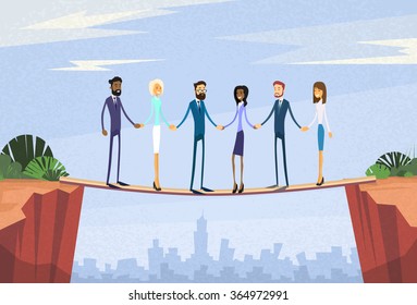 Businesspeople Team Holding Hand Over Cliff Gap Mountain Concept Business People Unity Success Flat Vector Illustration