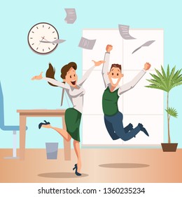 Businesspeople Team Jumping Celebrating Victory. Happy Coworker Couple Express Emotion Together. Thrilled Male and Female Office Worker. Fun Teamwork. Cartoon Flat Vector Illustration