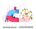Businesspeople Team Working on Laptops Attract Dollar Coins and Bills with Huge Magnet. Money Attraction, Teamwork Cooperation and Financial Goals Achievement Concept. Cartoon Flat Vector Illustration